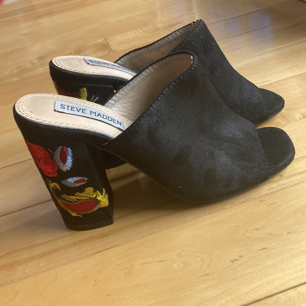 Steve Madden, size 36 black heeled mules with flowers on heel.